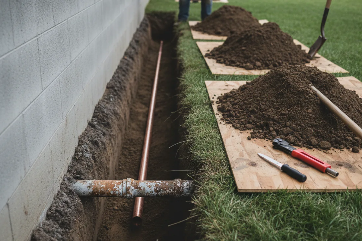 Excavated water line trench during Water Heater Repair in Immaculata